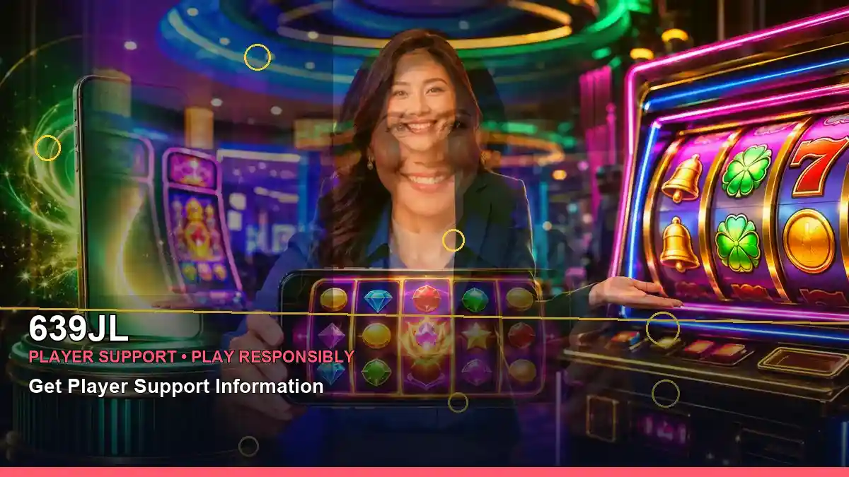 A guide to 639JL lucky reels and online slot games, featuring an adult Filipina casino host in a close-up composition