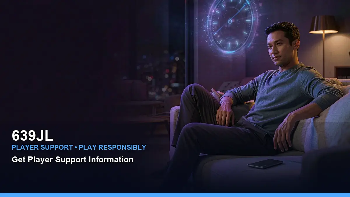 639JL responsible gaming guide featuring an adult Filipina casino host, with a clock hologram symbolising time awareness and controlled play
